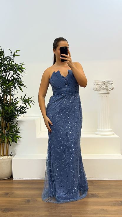 İndigo Straplez İşlemeli Büyük Beden Tasarım Abiye Elbise