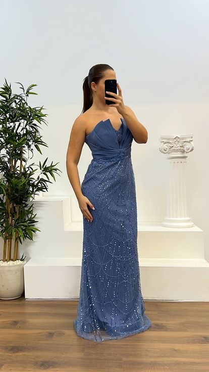 İndigo Straplez İşlemeli Büyük Beden Tasarım Abiye Elbise