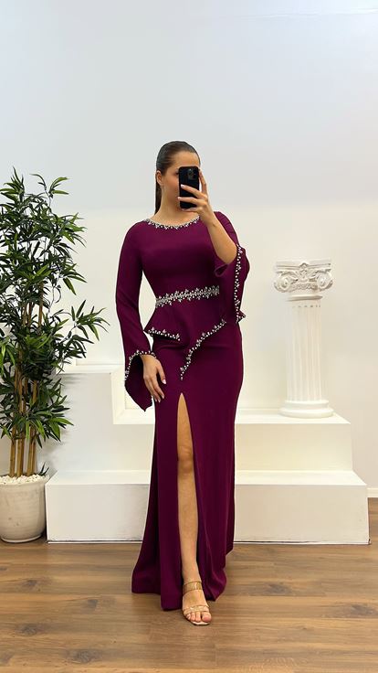 Mürdüm Taş işlemeli Volanli Kol Detay Büyük Beden Tasarım Elbise