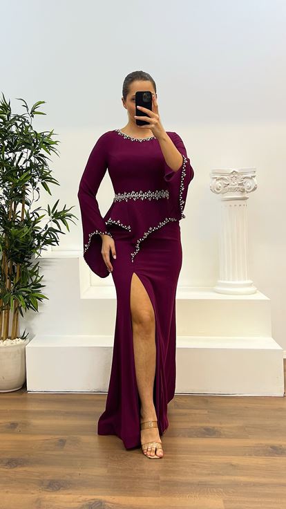 Mürdüm Taş işlemeli Volanli Kol Detay Büyük Beden Tasarım Elbise