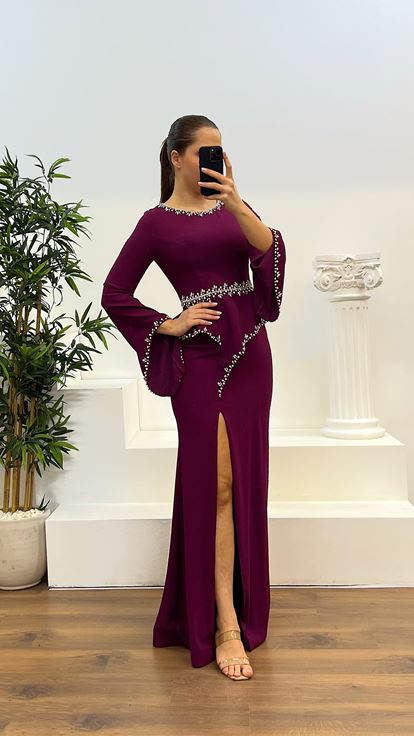 Mürdüm Taş işlemeli Volanli Kol Detay Büyük Beden Tasarım Elbise