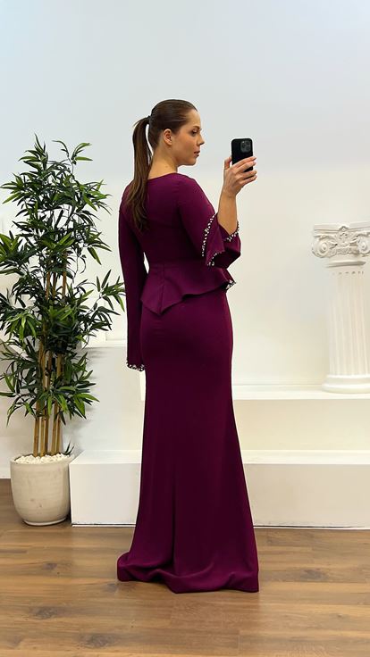 Mürdüm Taş işlemeli Volanli Kol Detay Büyük Beden Tasarım Elbise