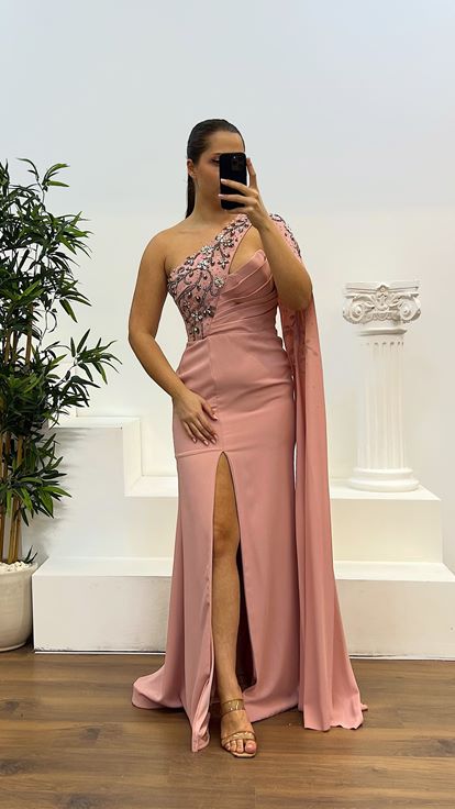 Pudra Tek Kol İşleme Detay Büyük Beden Abiye Elbise