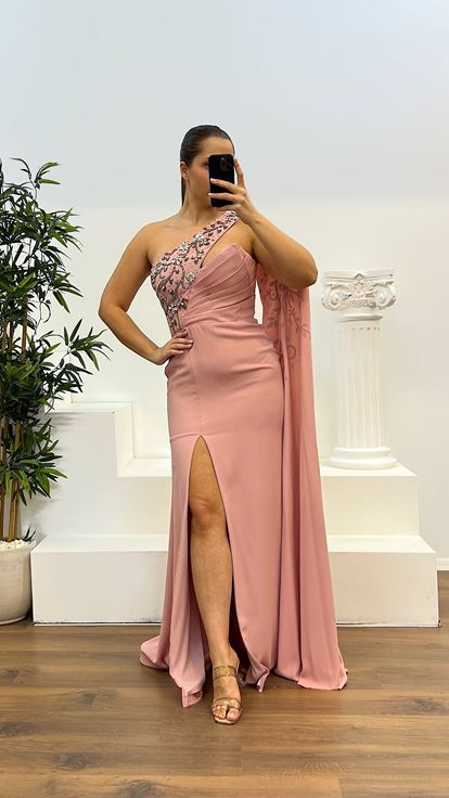 Pudra Tek Kol İşleme Detay Büyük Beden Abiye Elbise