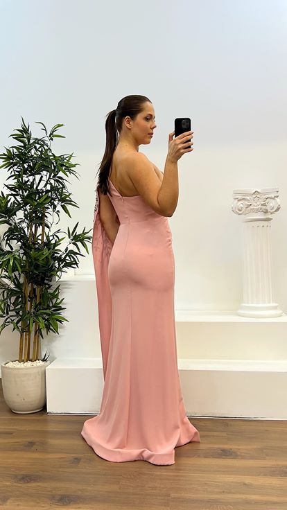 Pudra Tek Kol İşleme Detay Büyük Beden Abiye Elbise