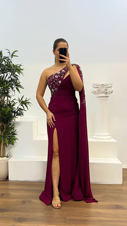 Mürdüm Tek Kol İşleme Detay Büyük Beden Abiye Elbise