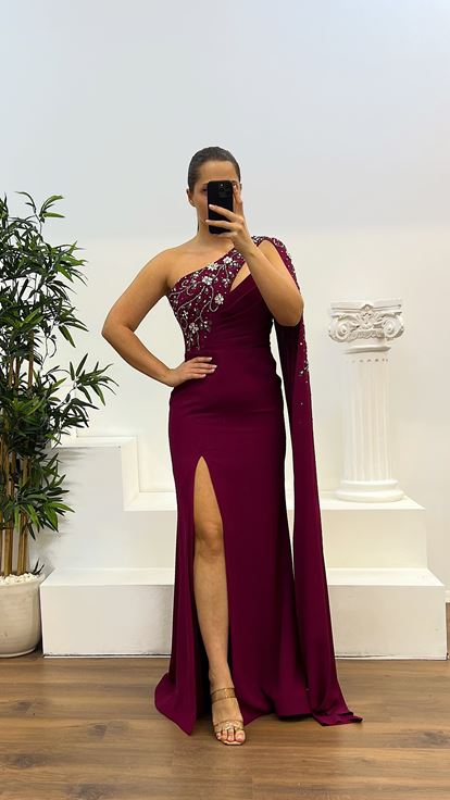 Mürdüm Tek Kol İşleme Detay Büyük Beden Abiye Elbise