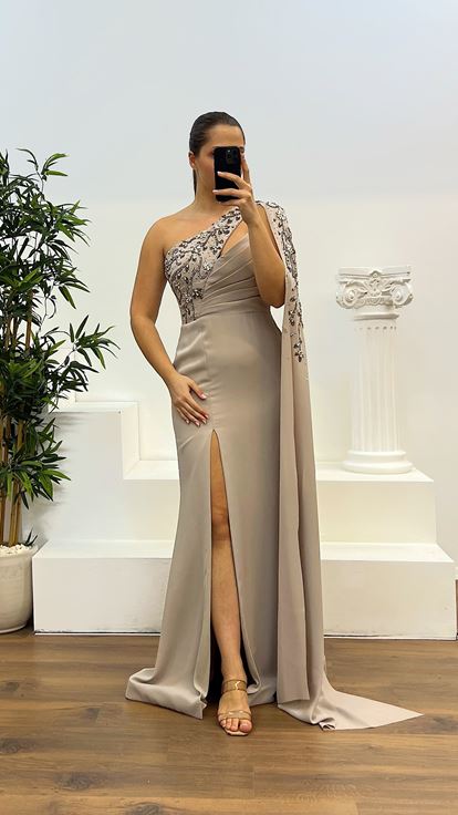 Taş Tek Kol İşleme Detay Büyük Beden Abiye Elbise