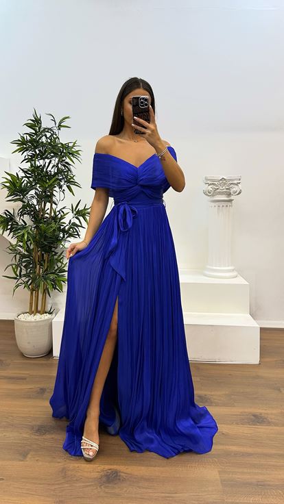 Saks Boat Neck Pleated Evening Dress