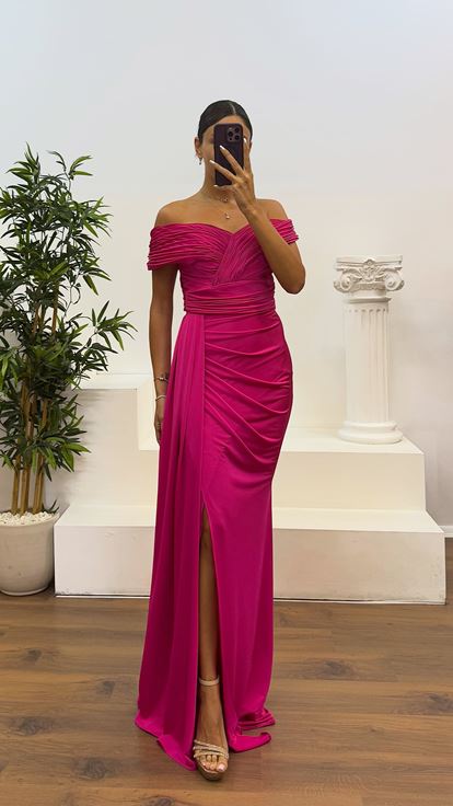 Fuşya Madonna Yaka Abiye Elbise