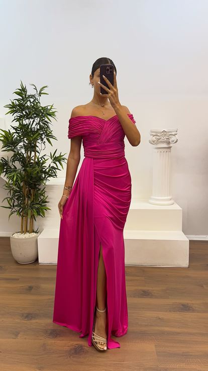 Fuşya Madonna Yaka Abiye Elbise