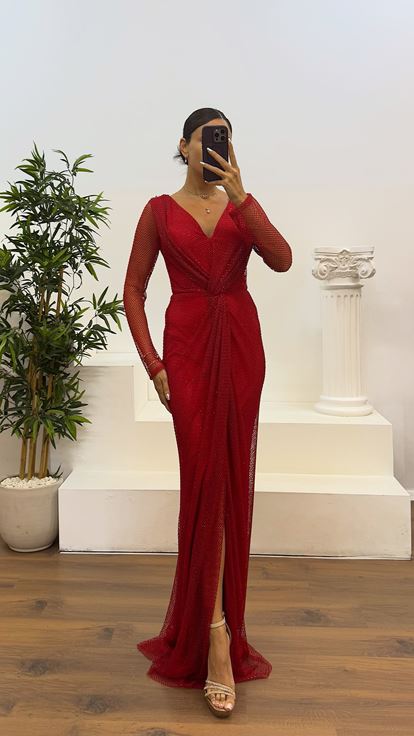 Red V-Neck Mesh Evening Dress