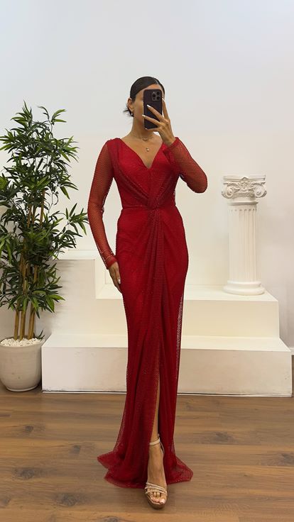 Red V-Neck Mesh Evening Dress
