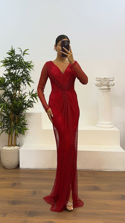 Red V-Neck Mesh Evening Dress