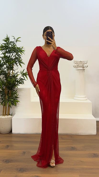 Red V-Neck Mesh Evening Dress