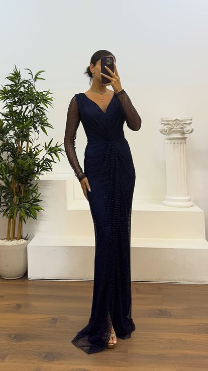 Abito da sera in rete con scollo a V blu navy