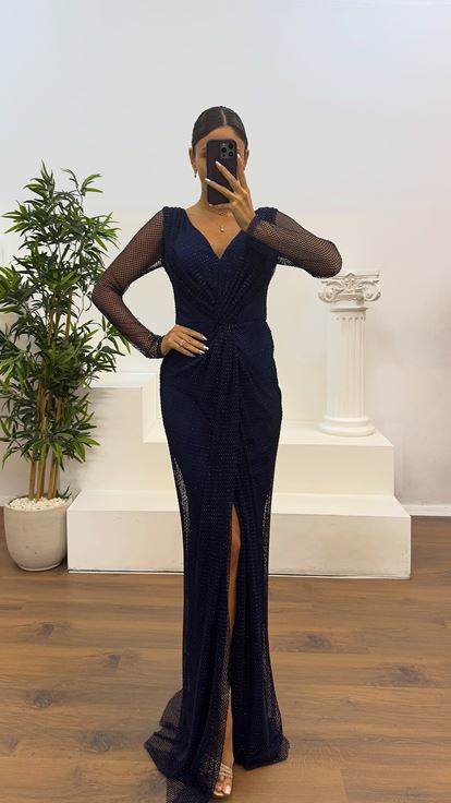 Abito da sera in rete con scollo a V blu navy