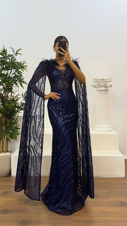 Lacivert Tüy Detay Pullu Abiye Elbise