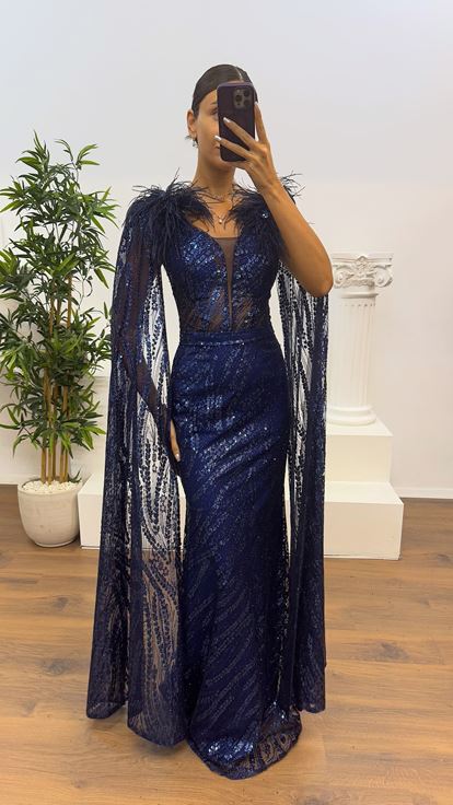 Lacivert Tüy Detay Pullu Abiye Elbise