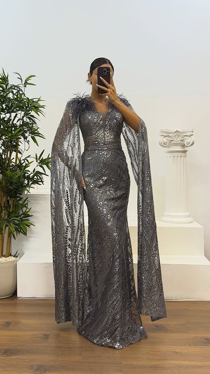 Antrasit Tüy Detay Pullu Abiye Elbise