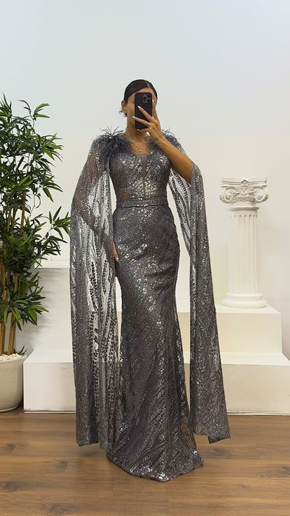 Antrasit Tüy Detay Pullu Abiye Elbise