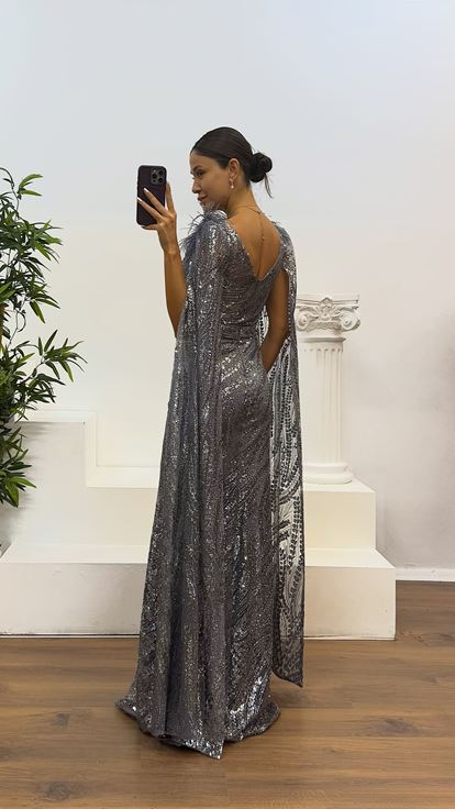 Antrasit Tüy Detay Pullu Abiye Elbise