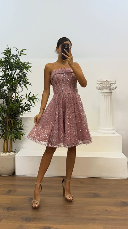 Pudra Straplez Boncuklu Mini Abiye Elbise