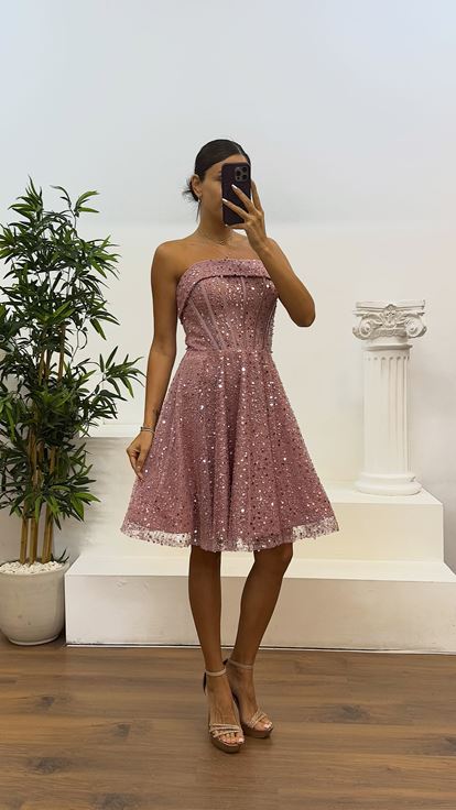 Pudra Straplez Boncuklu Mini Abiye Elbise