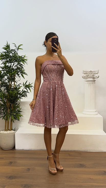 Pudra Straplez Boncuklu Mini Abiye Elbise