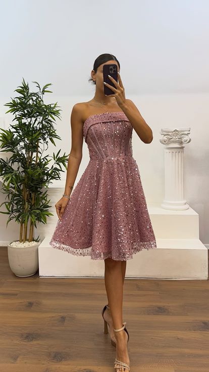 Pudra Straplez Boncuklu Mini Abiye Elbise