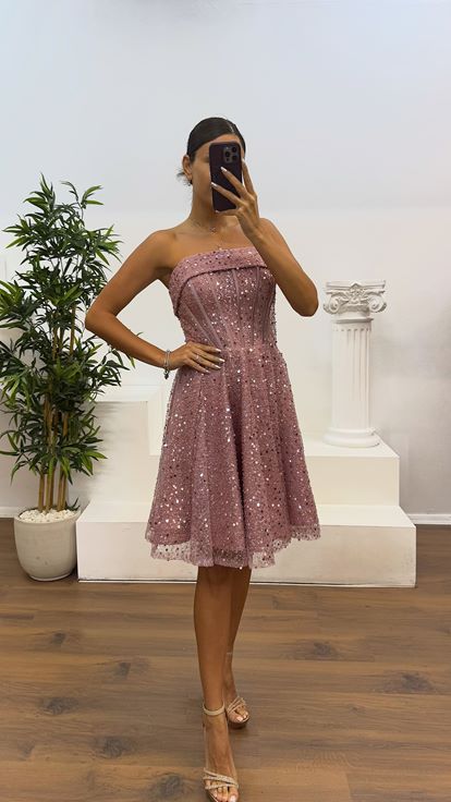 Pudra Straplez Boncuklu Mini Abiye Elbise