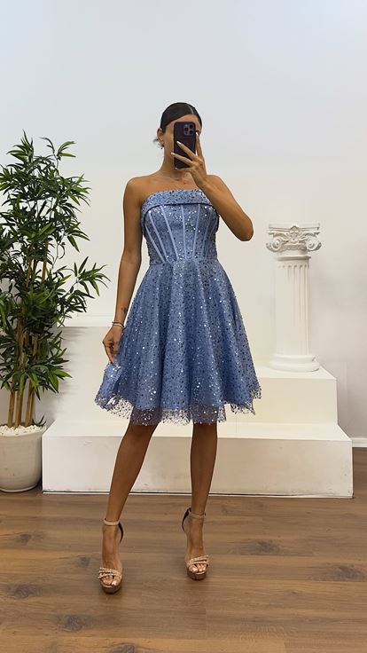 Bebe Mavi Straplez Boncuklu Mini Abiye Elbise