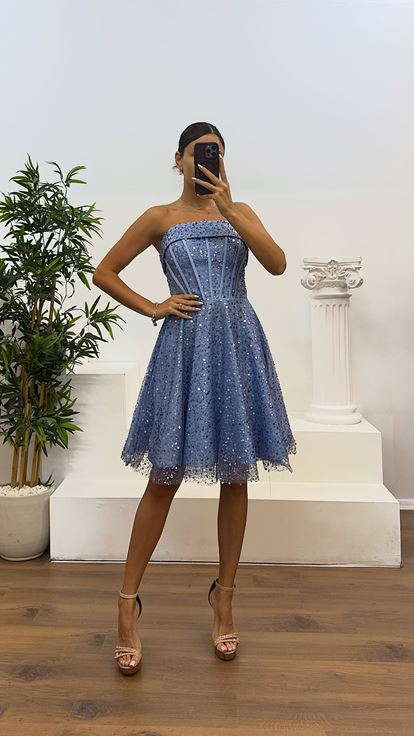 Bebe Mavi Straplez Boncuklu Mini Abiye Elbise