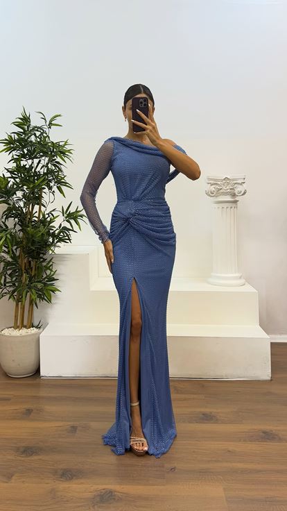 Indigo Single Sleeve Shoulder Detail Evening Dress