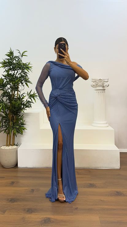 Indigo Single Sleeve Shoulder Detail Evening Dress