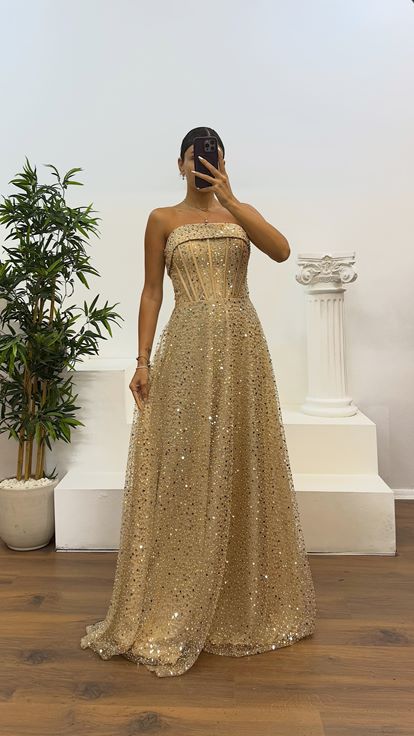Gold Straplez Boncuklu Abiye Elbise