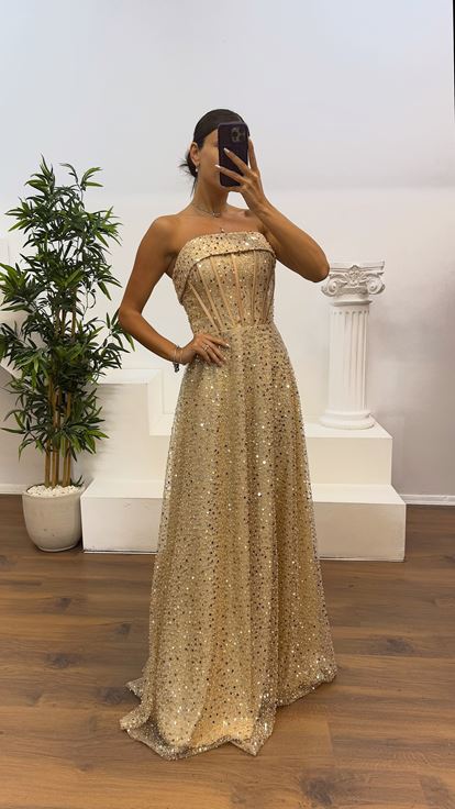 Gold Straplez Boncuklu Abiye Elbise