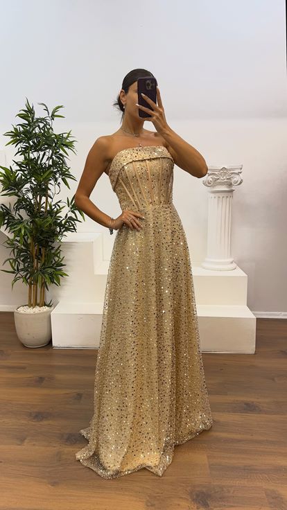 Gold Straplez Boncuklu Abiye Elbise