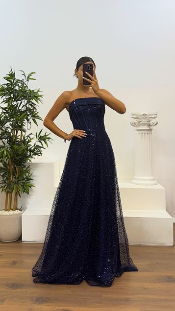 Marineblaues, trägerloses, perlenbesetztes Abendkleid