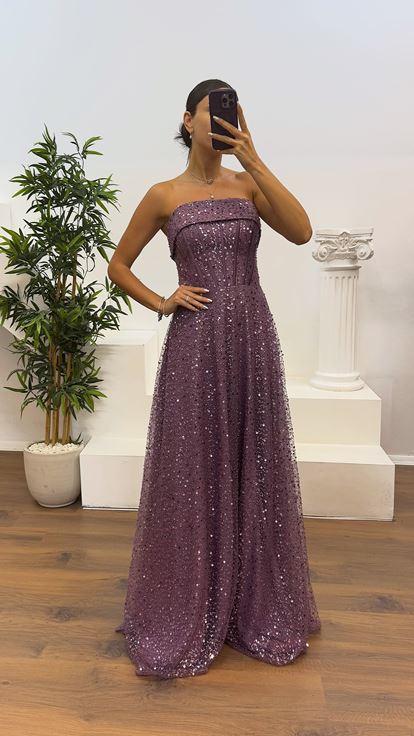 Abito da sera con perline senza spalline Lila