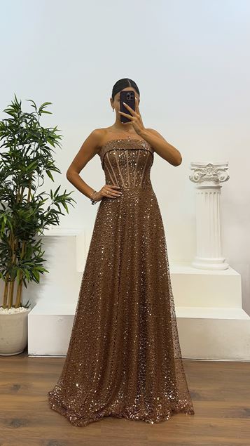 Brown Strapless Beaded Evening Dress