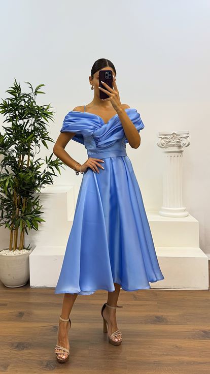 Bebe Mavi Sırt Detay Midi Abiye Elbise