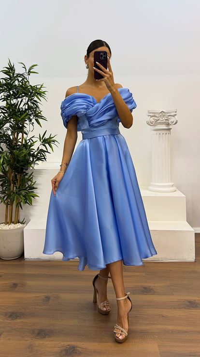 Bebe Mavi Sırt Detay Midi Abiye Elbise