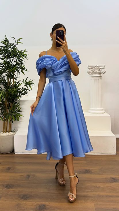 Bebe Mavi Sırt Detay Midi Abiye Elbise