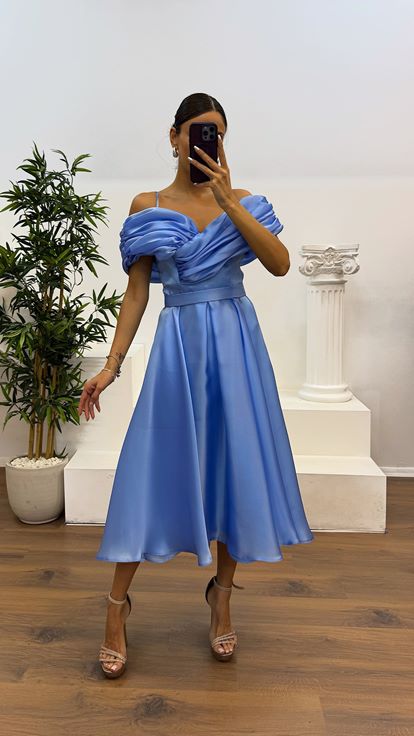 Bebe Mavi Sırt Detay Midi Abiye Elbise