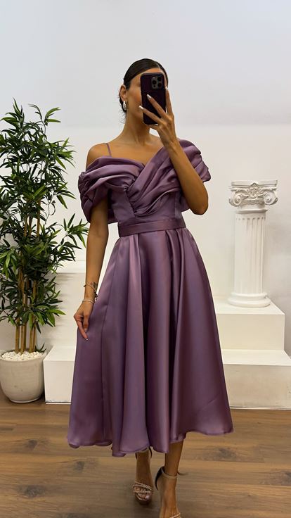 Lila Sırt Detay Midi Abiye Elbise