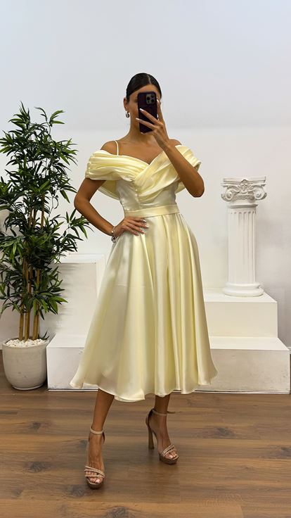 Kemik Sırt Detay Midi Abiye Elbise