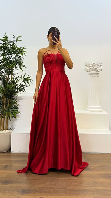 Red Strapless Chest Detail Evening Dress