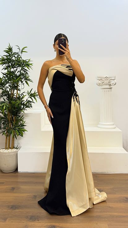 Gold Straplez Saten Detay Abiye Elbise