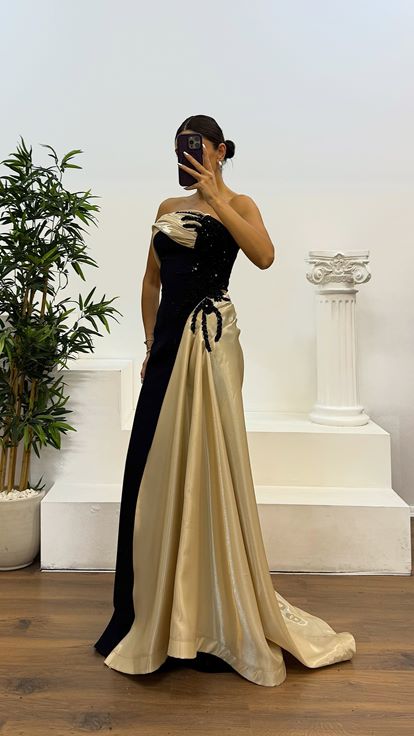 Gold Straplez Saten Detay Abiye Elbise